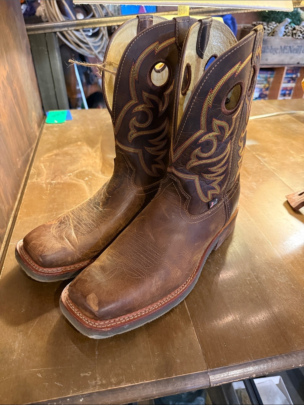Justin Boots Brown Leather Western Pull-On Cowboy Boots with Embroidered Shaft